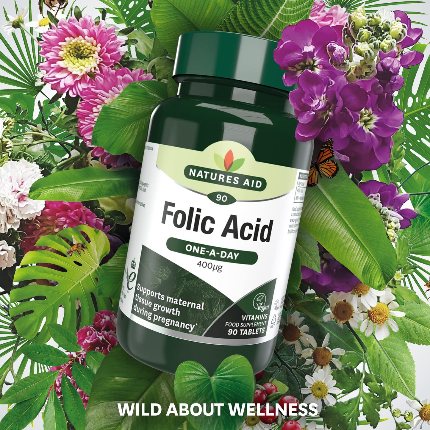 Natures Aid Folic Acid 400mcg – Supports Prenatal Health, Red Blood Cell Formation, DNA Synthesis – Vegan, Non-GMO, Gluten-Free – High Potency Natural Supplement – 90 Tablets