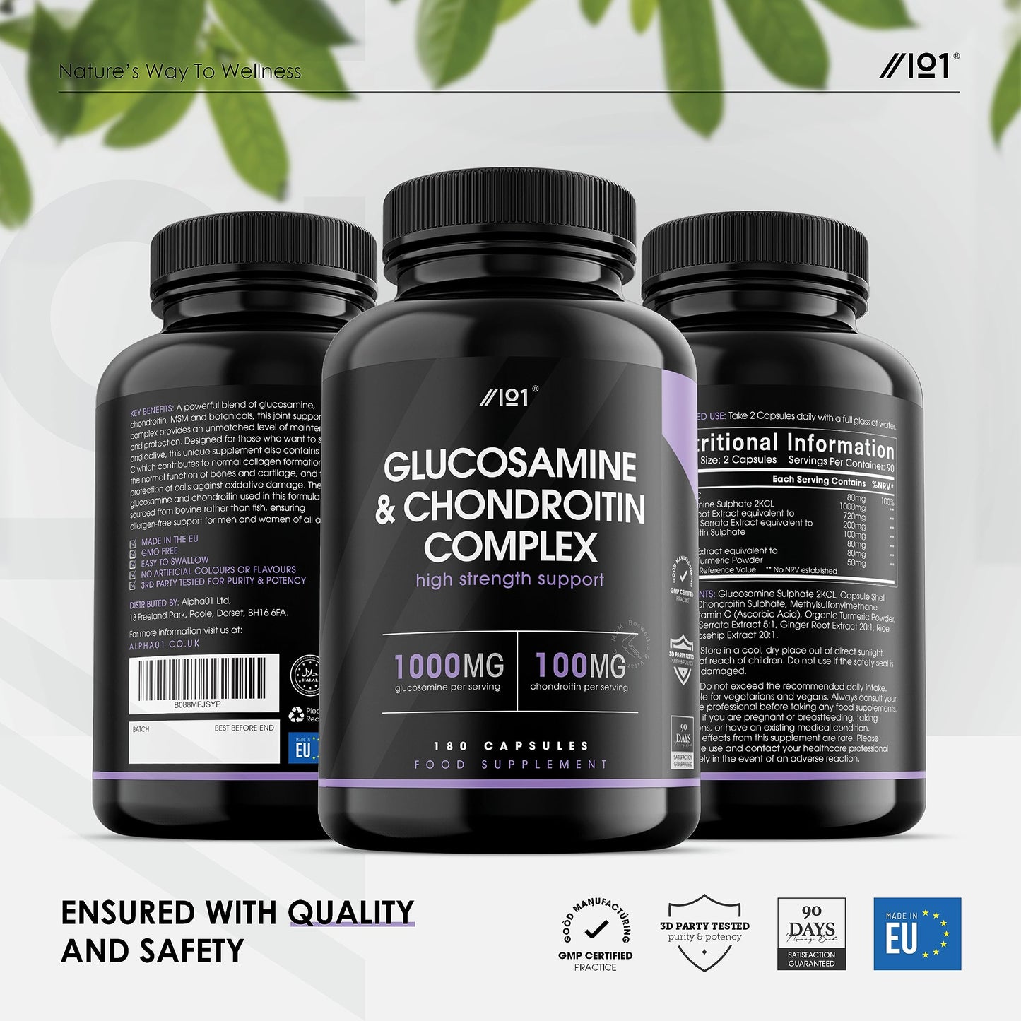 ALPHA01 Glucosamine & Chondroitin Complex - with MSM, Boswellia, Rosehip, Ginger & Turmeric - Made from Pasture Raised, Grass-Fed Bovine - Non-GMO, 180 Capsules