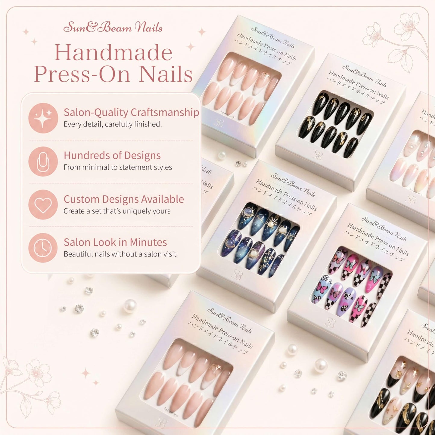 Sun&Beam Nails Handmade Press-on Medium Long Amlond Pink White 3D Rhinestone Sweet Design Fashion False Nail Tips 10 Pcs Set (#011 M)