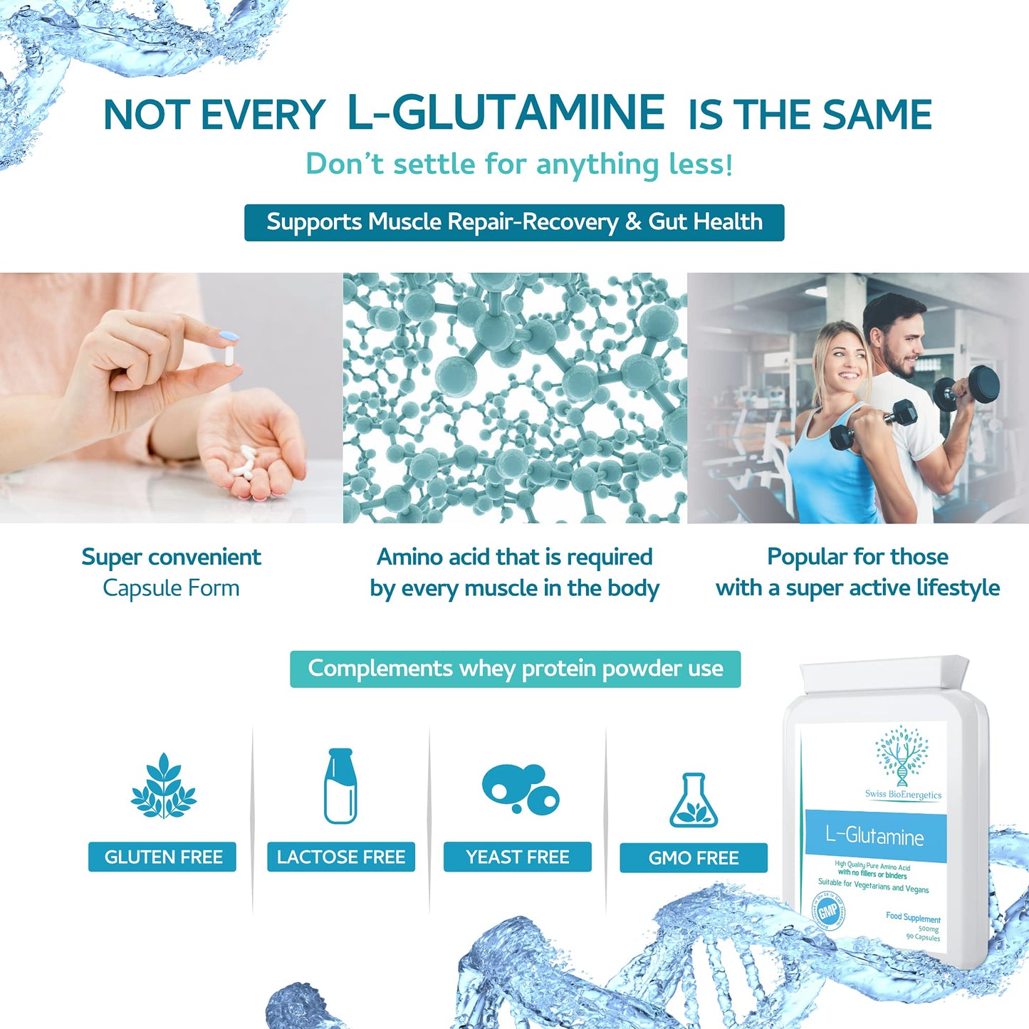 swiss bioenergetics L-Glutamine 500mg 90 Capsules - Pure Amino Acid with no fillers or Binders - Suitable for Vegetarians and Vegans – Exclusively Manufactured in The UK