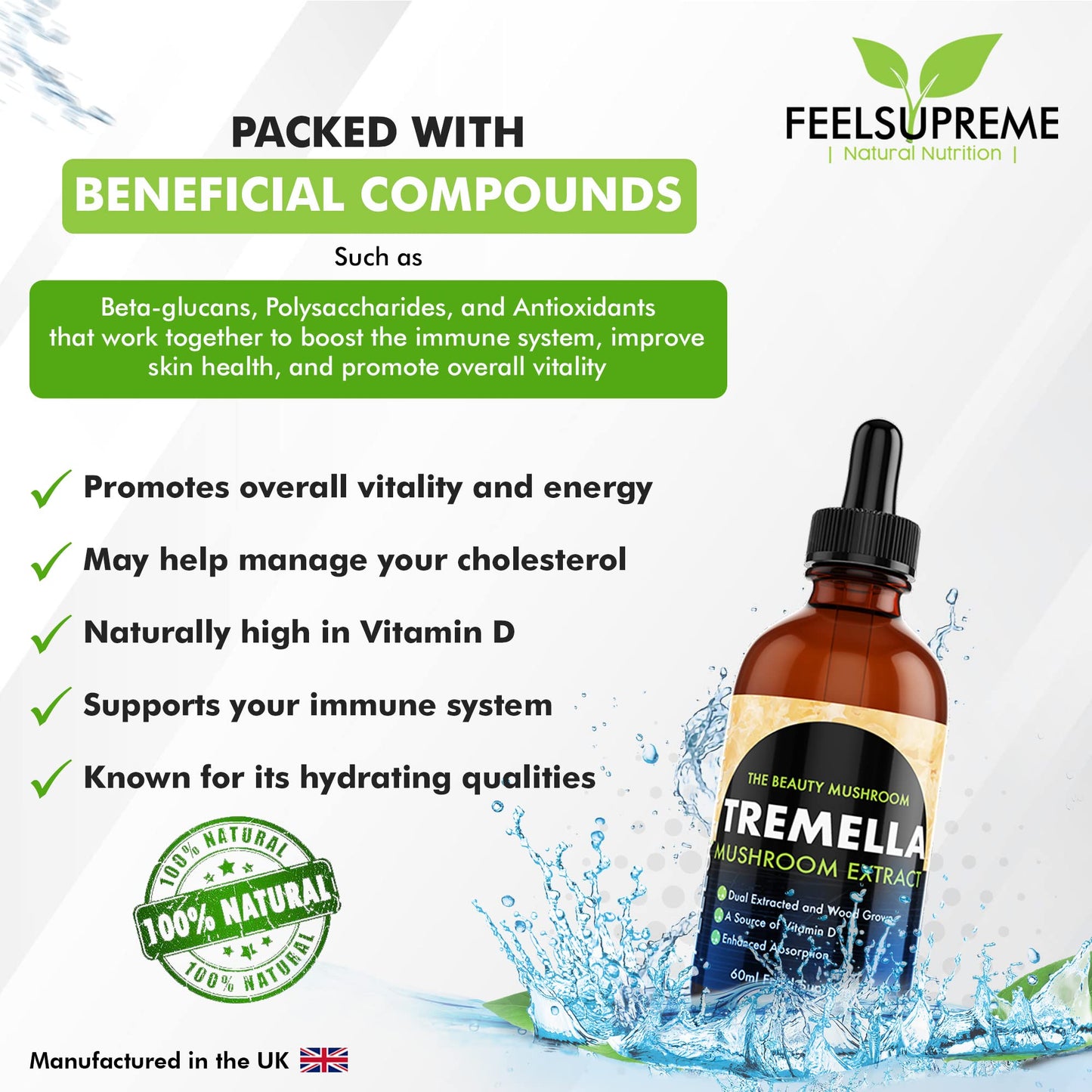 Feel Supreme - Tremella Liquid Extract - Wood Grown Mushroom Extract Supplement for Skin Health and Hydration - Mushroom Supplement, Mushroom Gifts, Supplements for Men and Women - 60ml