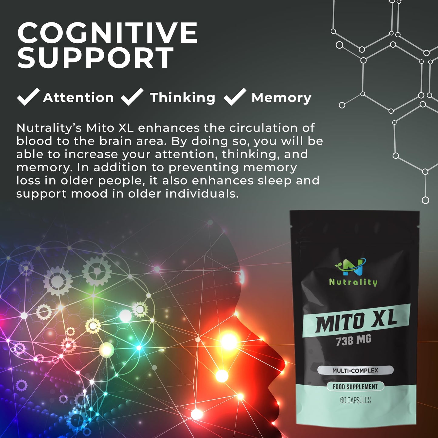 Nutrality Mito XL Supplement, 738mg | Mitochondrial Energy Optimizer, Healthy Mitochondria, Cellular Energy, Cognitive Support, Brain Health | 1 Month Supply, 60 Vegan-Friendly Capsules