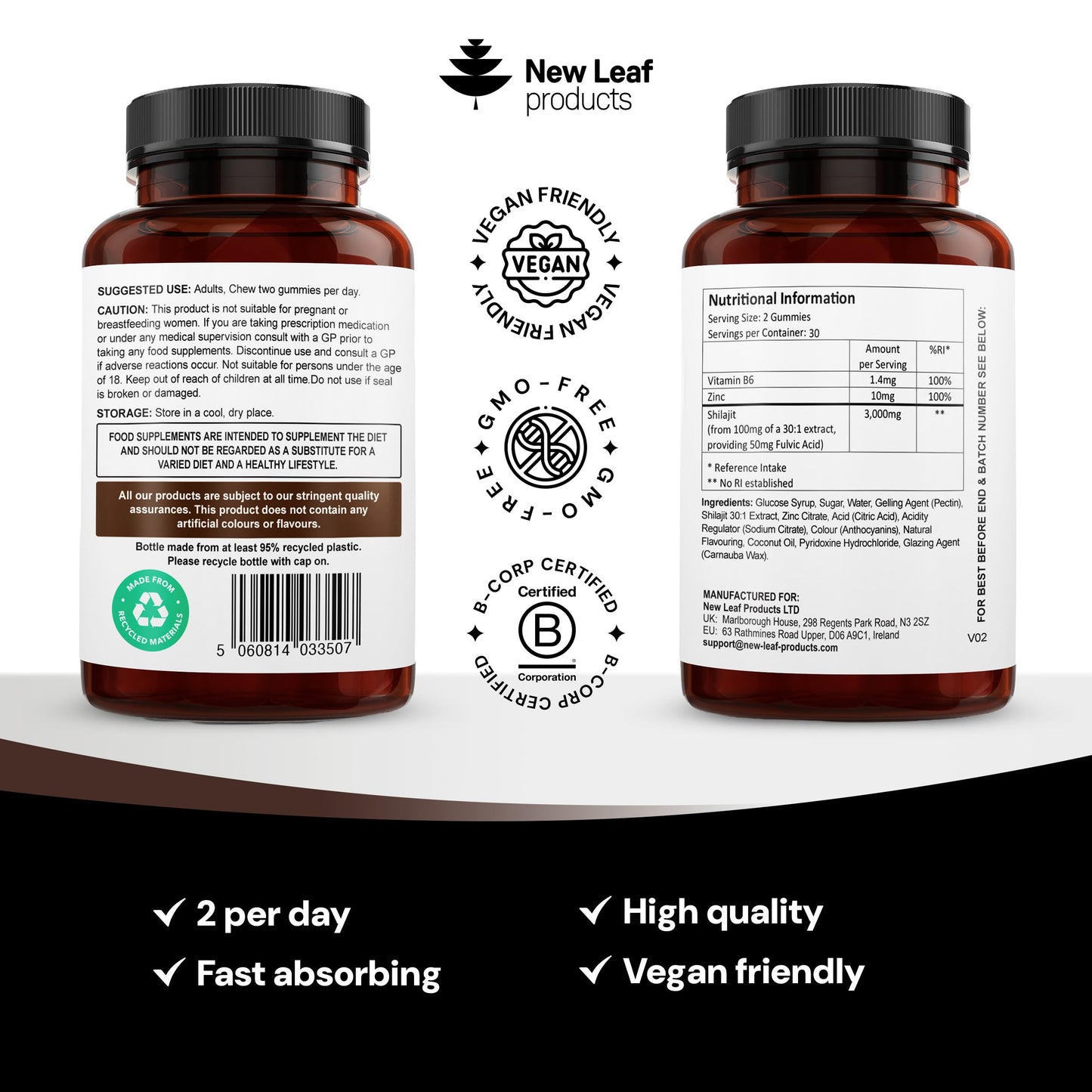 NEW LEAF PRODUCTS Shilajit Gummies - Enriched with Zinc & Vitamin B6 - High Strength 3000mg Pure Himalayan Shilajit for Men and Women - Berry Flavoured, Vegan Shilajit Gummies By New Leaf