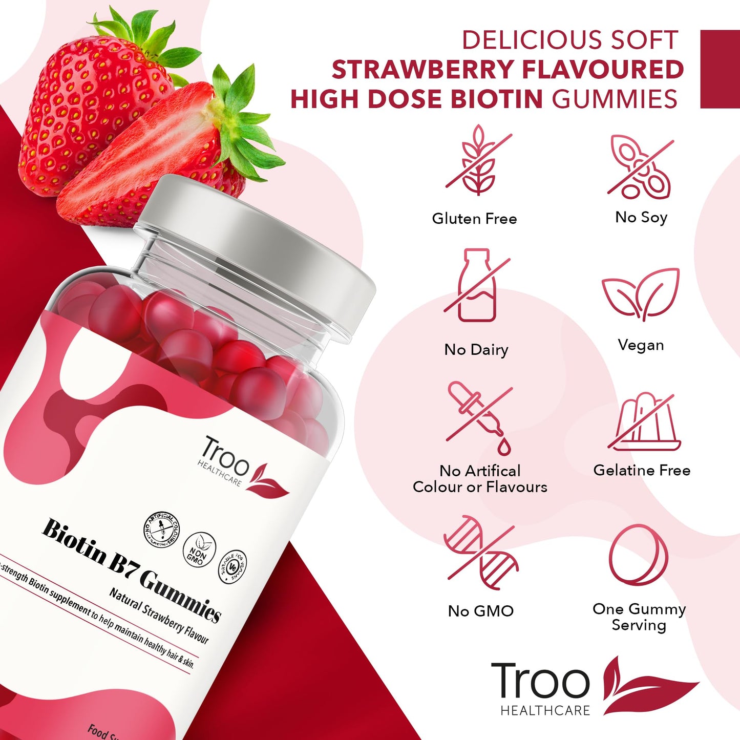 Troo Health Care Biotin 5000mcg Hair, Skin and Nail Growth Support Gummy Supplement - 60 Natural Strawberry Flavour Chewable Gummies - 5 Months Supply – Vegan Friendly – for Men and Women