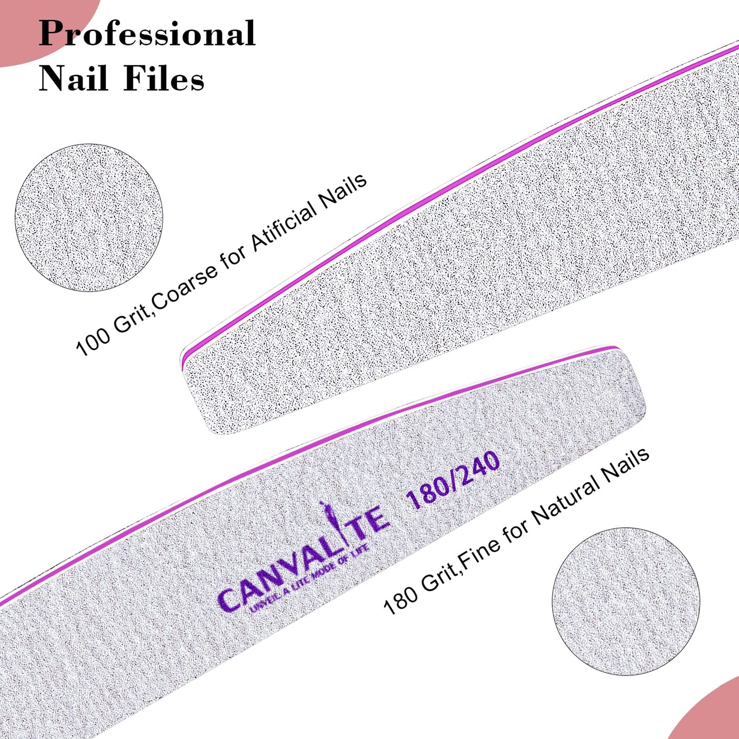 CANVALITE Professional Nail Files Double Sided Emery Board Nail Styling Tools Pet Grooming Tools for Home and Salon Use (Half Moon 180/240, 12pcs)