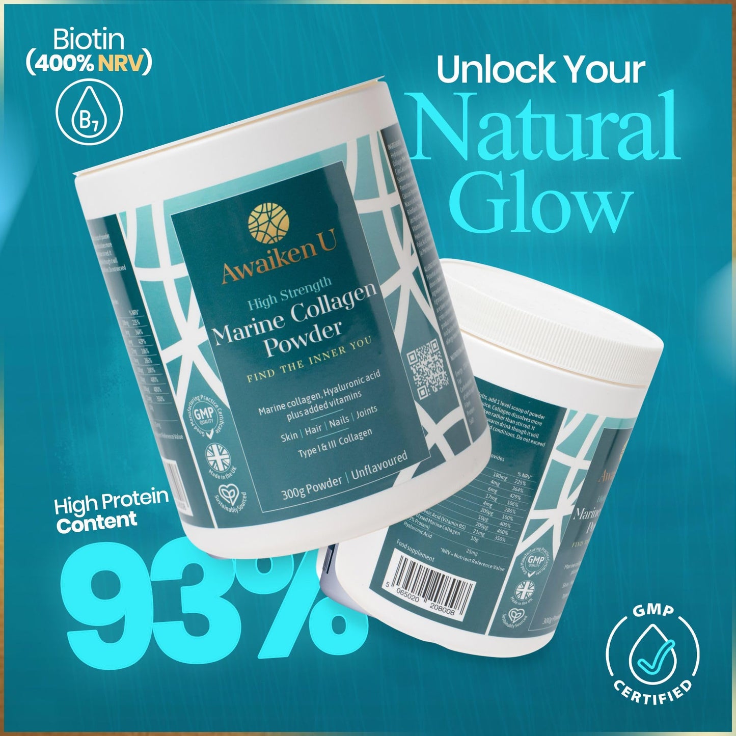 High Strength Marine Collagen Powder with Hyaluronic Acid–Unflavoured Hydrolysed Collagen Peptides Type 1 & 3 Biotin, VIT C & B Complex –10g per Scoop-300g- UK Made- AwaikenU