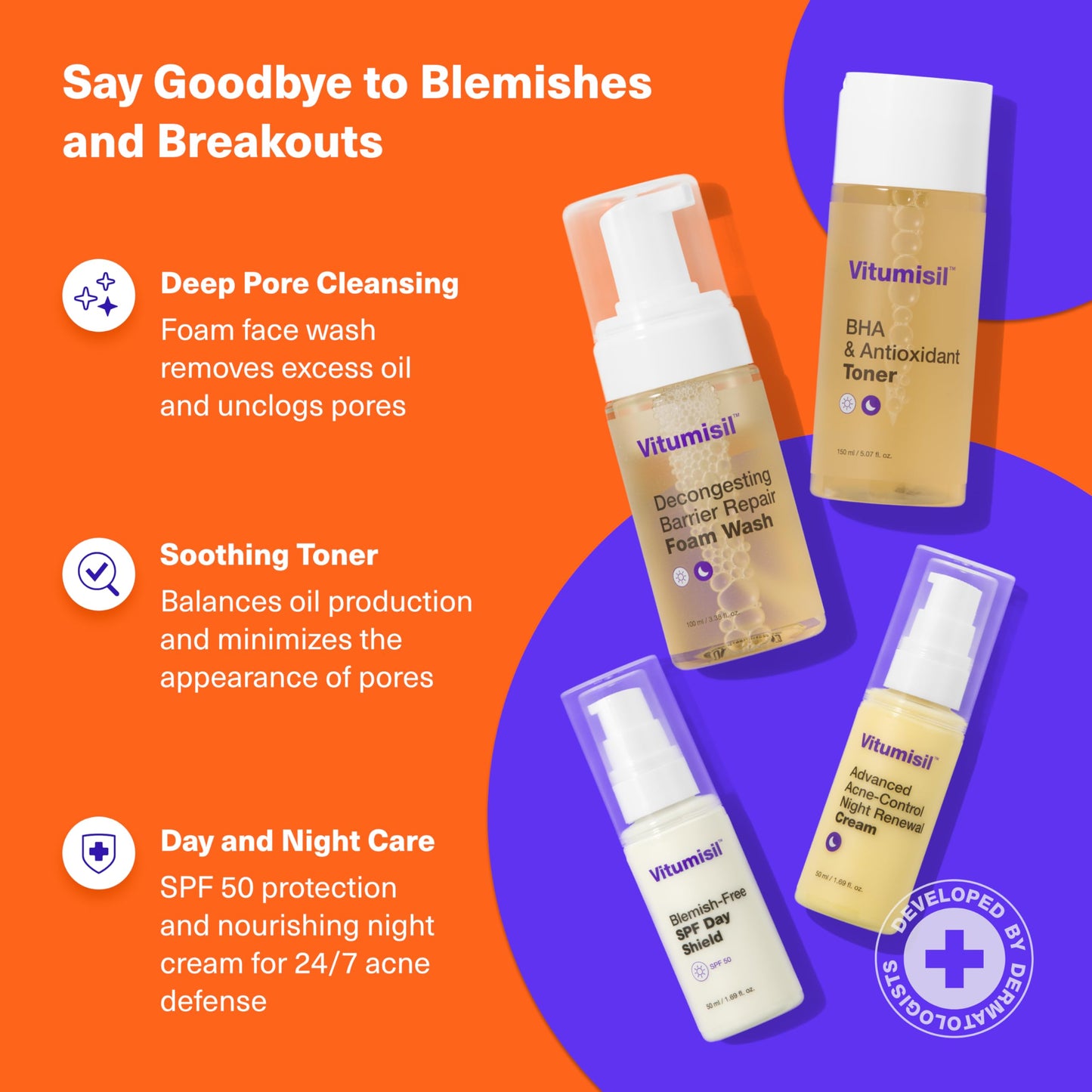 Dermz Acne Treatment - Acne Cream, SPF Face Protection, Face wash & Toner - Set of 4