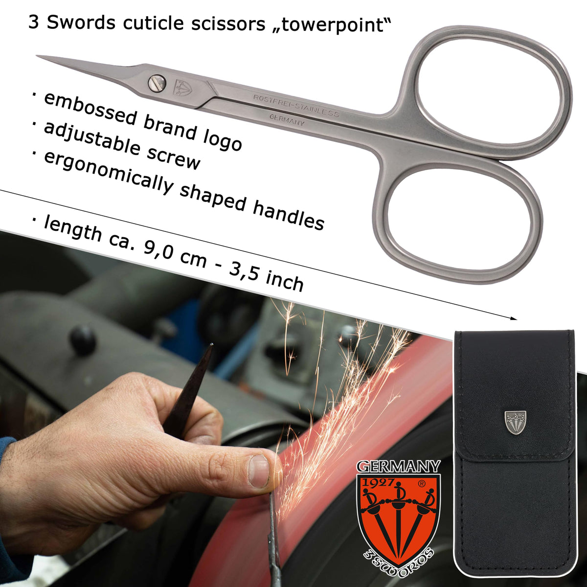 3 Swords Germany | Curved Cuticle Dead Skin Scissors towerpoint tip, Stainless Steel, Extra Sharp - Made in Germany (2815)