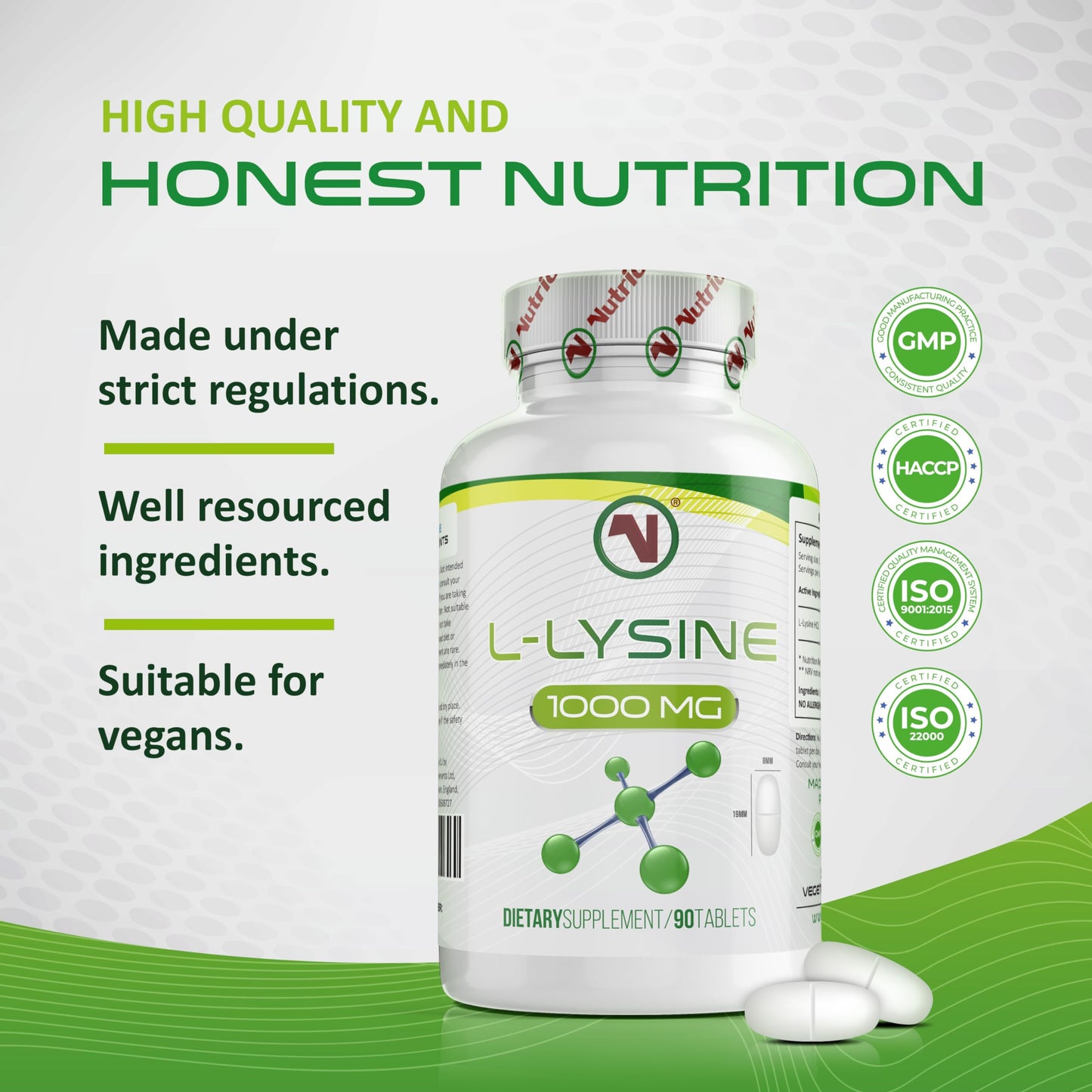 Nutriodol L-Lysine x 90 1000mg Tablets | Smallest Possible 19mm Formula | Easier to Swallow and Quicker to Absorb - Suitable for Vegetarian and Vegan. (90)