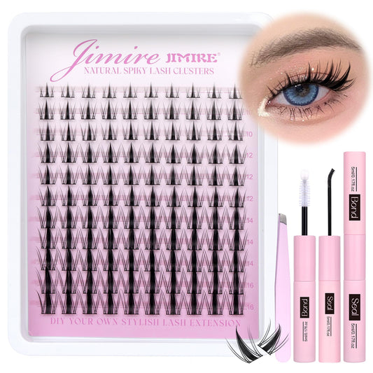 JIMIRE Cluster Lashes Kit Natural Look D Curl Manga Lash Clusters Fairy Eyelashes Individual Kit wirh Lash Bond and Seal 8-16MM 110 Pcs Wispy Lashes Individual Cluster Wet-Look Eyelash Clusters