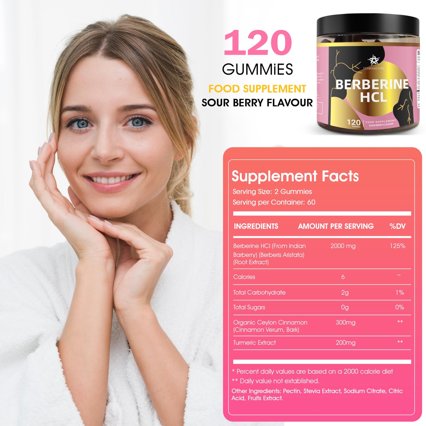 TERRAMOON Berberine HCL 98% 2000mg, 120 Gummies, 60 Day Supply, Sour Berry Flavour, with Ceylon Cinnamon 300mg, Turmeric Extract 200mg