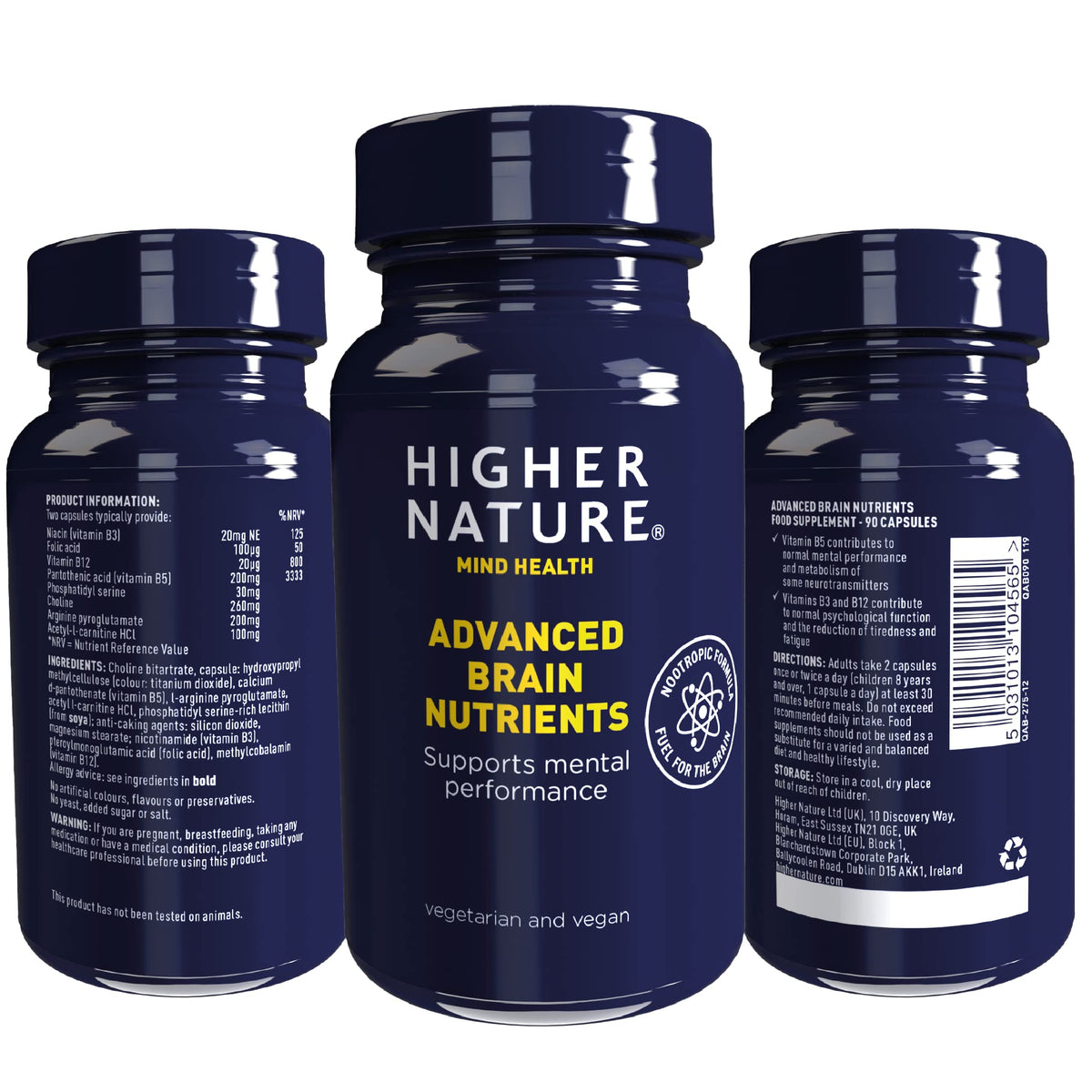 HIGHER NATURE Higher Nature - Advanced Brain Nutrients - Aids Memory & Concentration - Supports Nervous System - Gluten Free - Vegan & Vegetarian - 90 Capsules