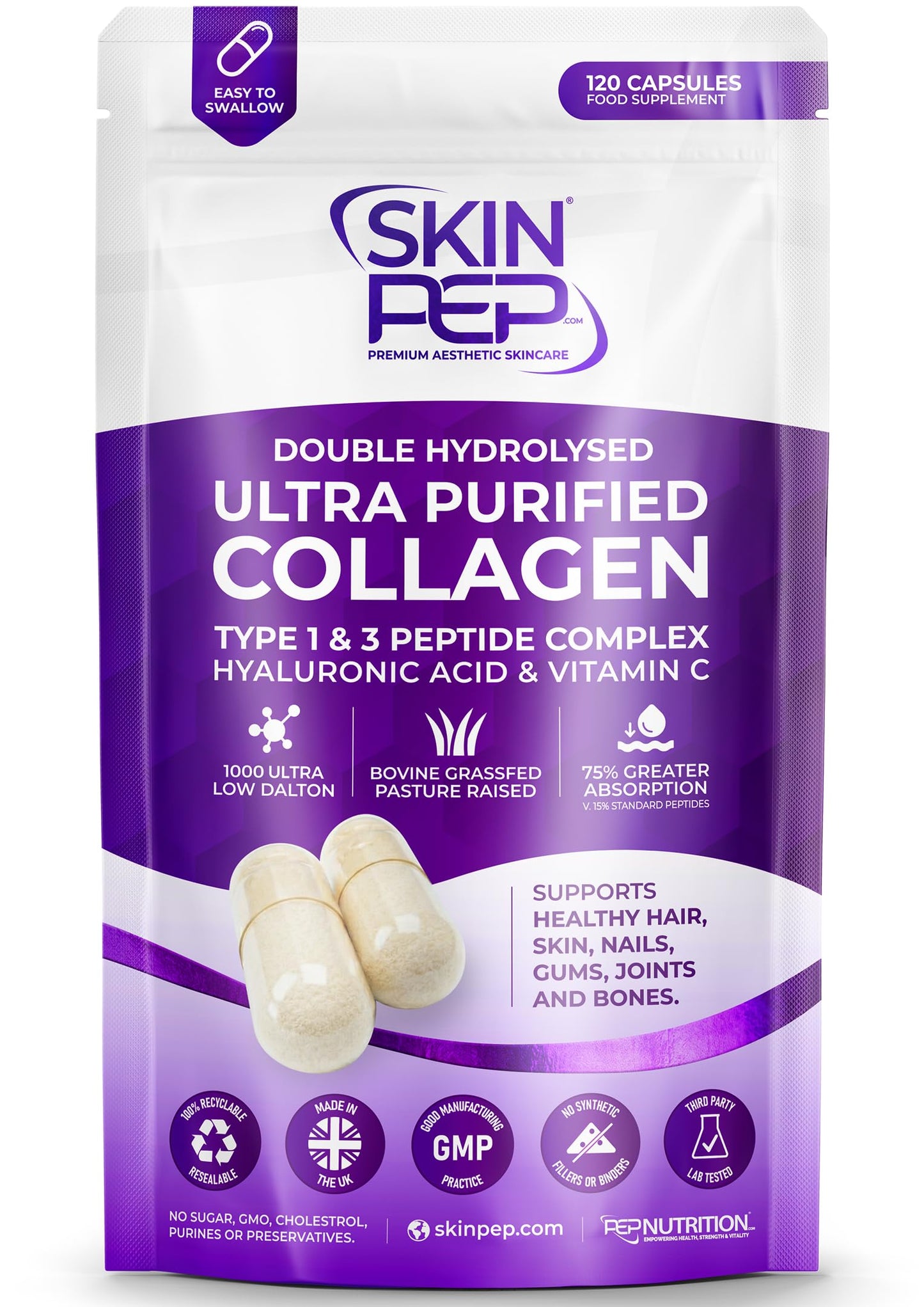 Bio-Active 100% Pure Bovine - SkinPep Hydrolysed Collagen Peptides 1080mg -120 Capsules | Vitamin C & Hyaluronic Acid | Grass-Fed, Halal Certified, Made in UK | Type I & III Skin, Hair & Joint Support