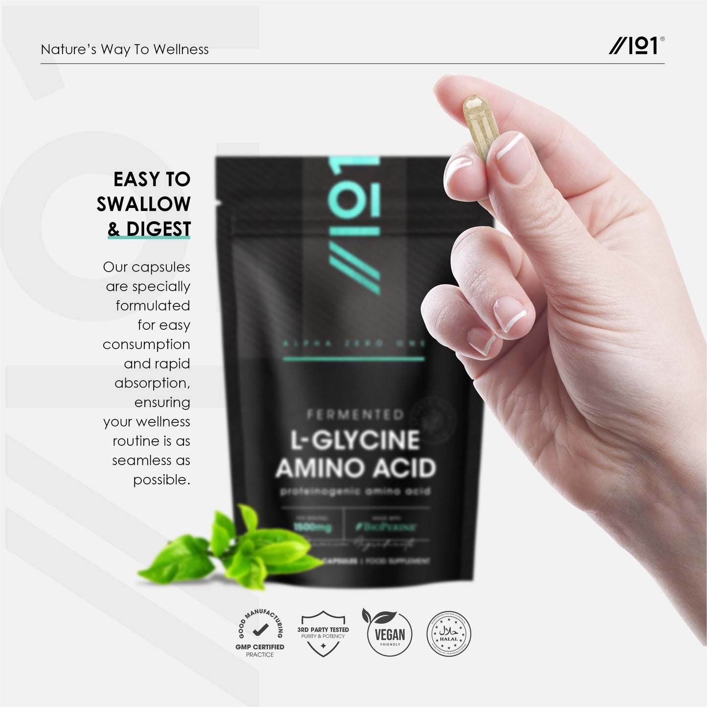 ALPHA01 Fermented L Glycine 1500mg with BioPerine® – 180 Vegan Capsules – High Strength L Glycine Amino Acid Supplement – Resealable and Recyclable Pouch by Alpha01