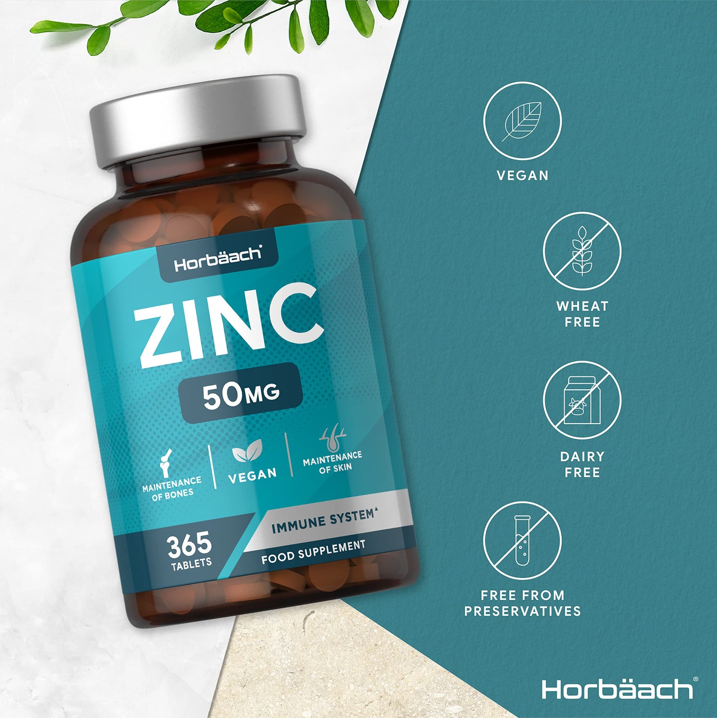 Zinc Supplement 50mg | 365 Vegan Tablets | for Immunity, Skin, Hair, Nails, Bones & Vision | Zinc Gluconate | No Artificial Preservatives | by Horbaach