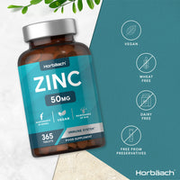 Zinc Supplement 50mg | 365 Vegan Tablets | for Immunity, Skin, Hair, Nails, Bones & Vision | Zinc Gluconate | No Artificial Preservatives | by Horbaach
