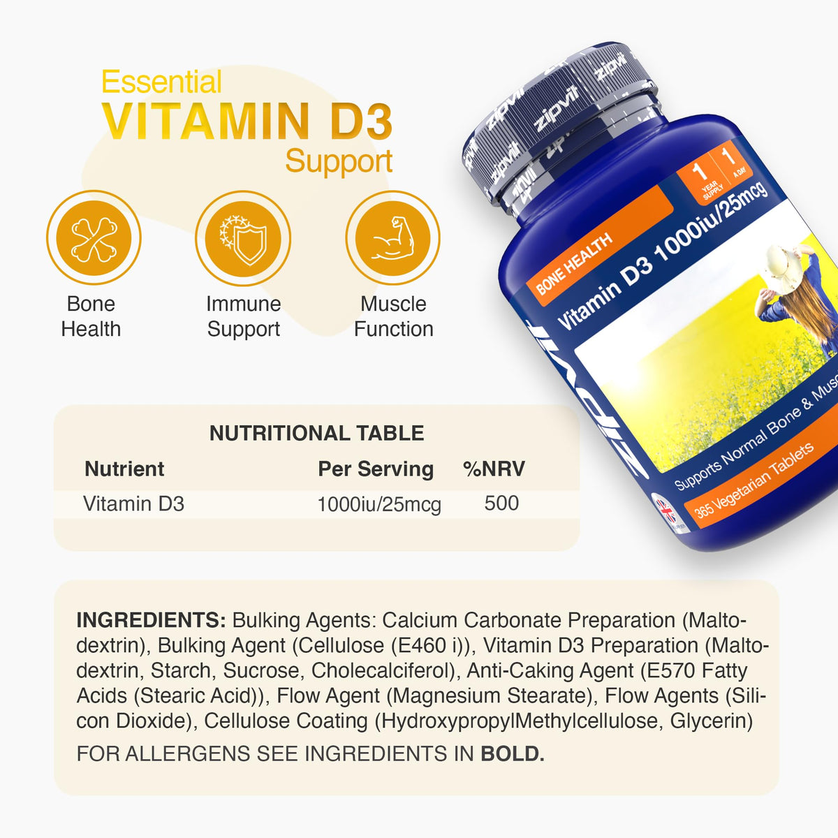 Zipvit Vitamin D 1000IU, 1 Year Supply, 365 Vegetarian D3 Tablets, High Absorption, Easy-to-Swallow Vitamin D Tablets for Immune, Bone & Muscle Health
