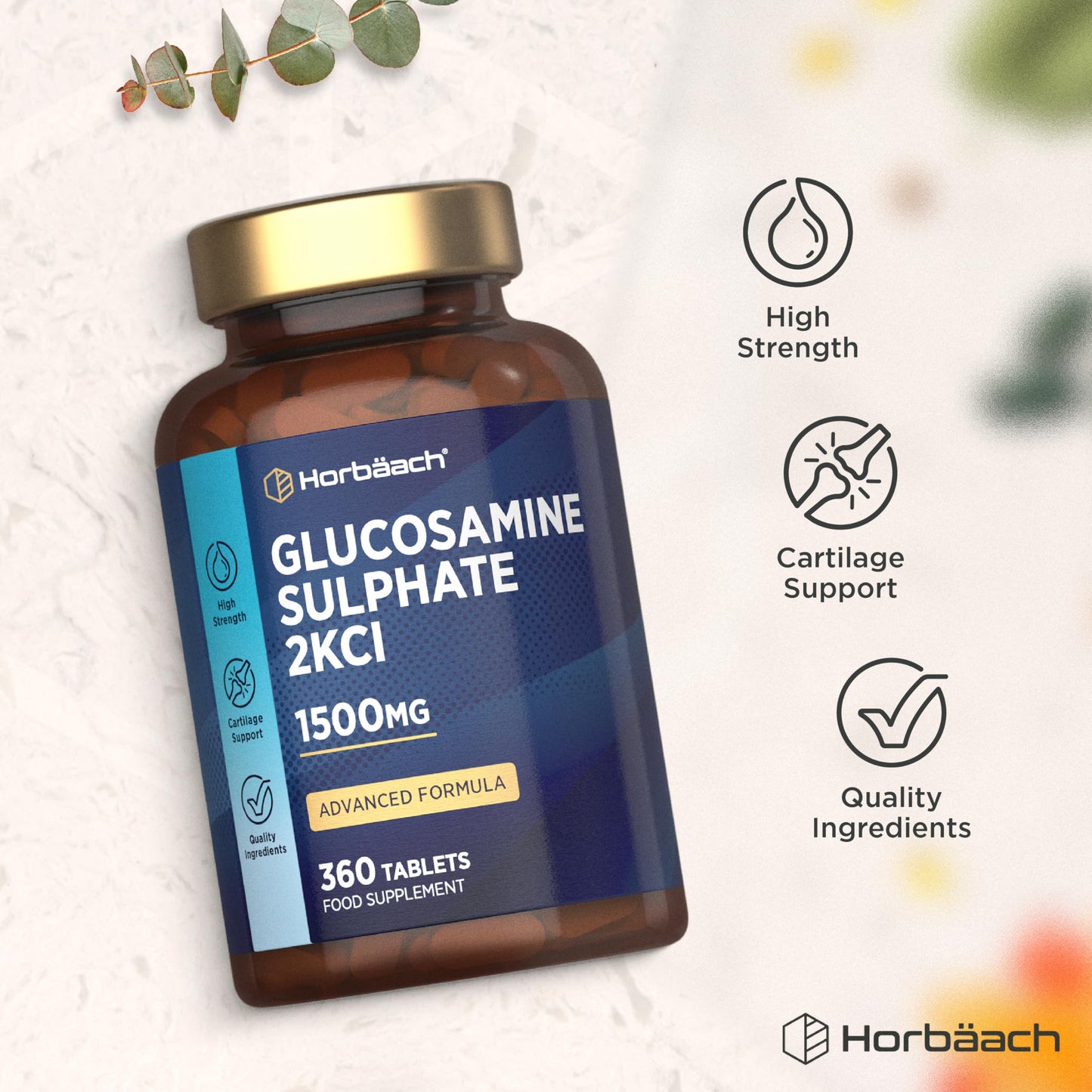 Horbäach Glucosamine Sulphate 1500mg | 360 Tablets | High Strength Glucosamine 2KCl Supplement | by Horbaach