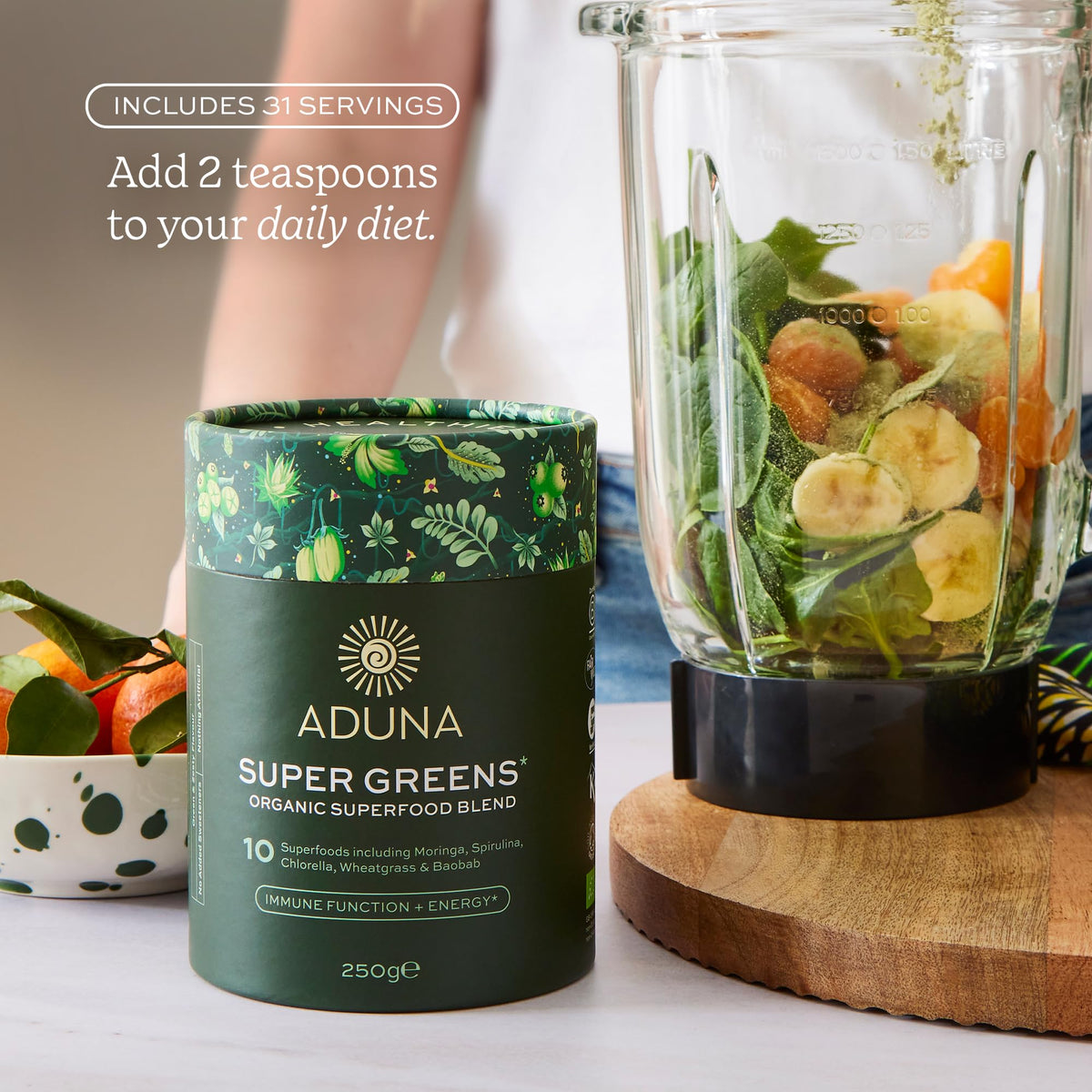Aduna Organic Super Greens Blend | 100% Natural Superfood Powder for Immune Support & Energy | Stir-in Blend with 10+ Superfoods, Moringa & More | Vegan Powder for Smoothies, Shakes & Yoghurt | 250g