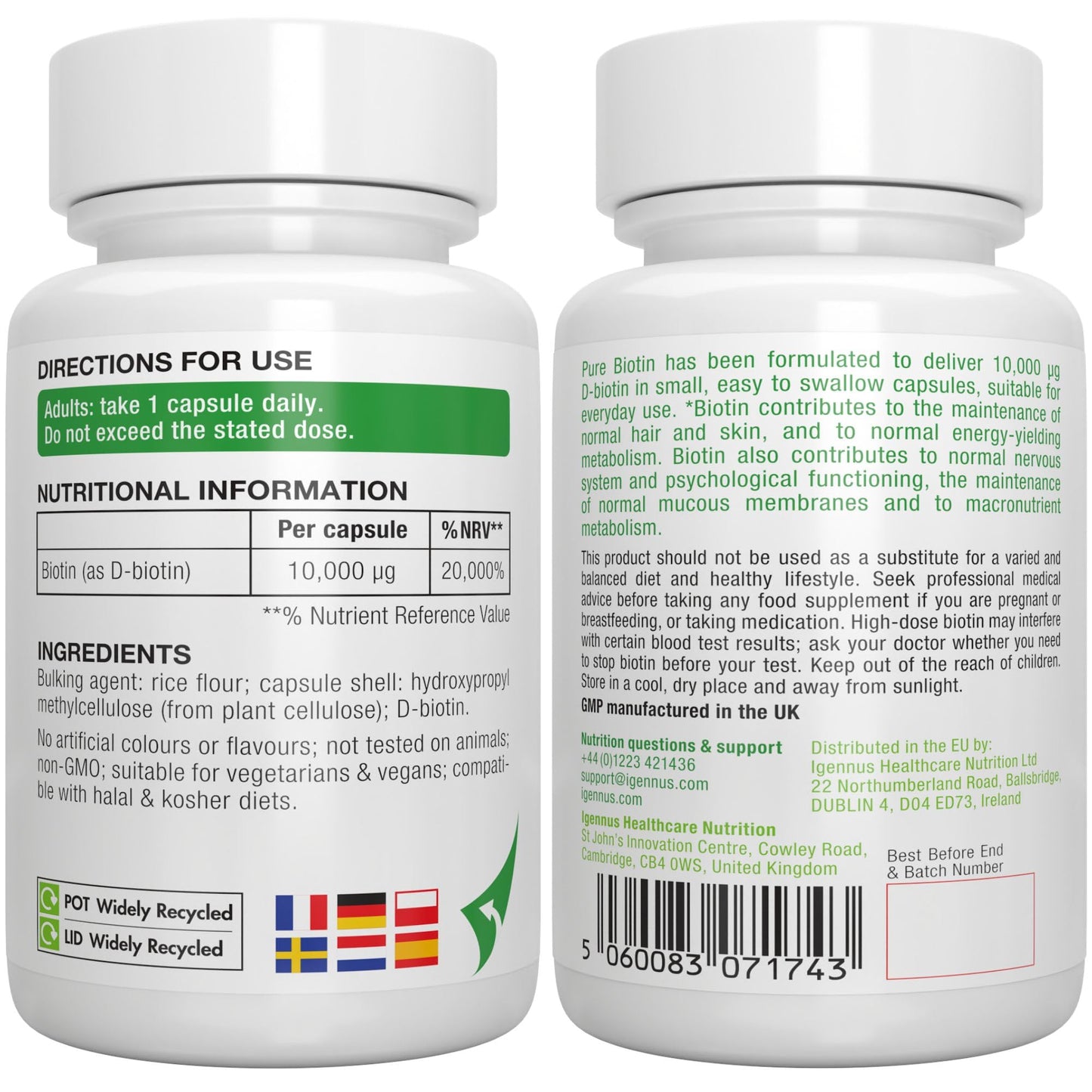 Pure Biotin 10,000 mcg, Hair Growth Supplement, D-Biotin, Clean Ingredients, 1-a-Day, 180 Capsules, Support Skin Health & Energy, Lab Verified, Vegan & Hypoallergenic, by Igennus