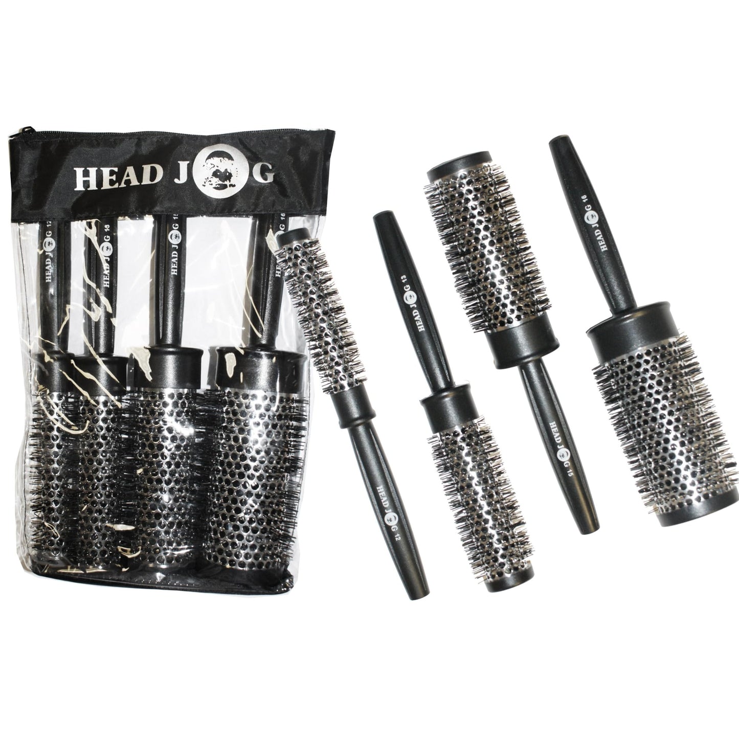 Head Jog Heat Retainer Brush. Black & Silver Styling Round Hairbrush With Metal Barrel For Fast Drying. Round Vent Brush Comb For Styling, Blow Drying, Straightening & Curling. (4 Brush Set)