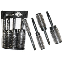 Head Jog Heat Retainer Brush. Black & Silver Styling Round Hairbrush With Metal Barrel For Fast Drying. Round Vent Brush Comb For Styling, Blow Drying, Straightening & Curling. (4 Brush Set)