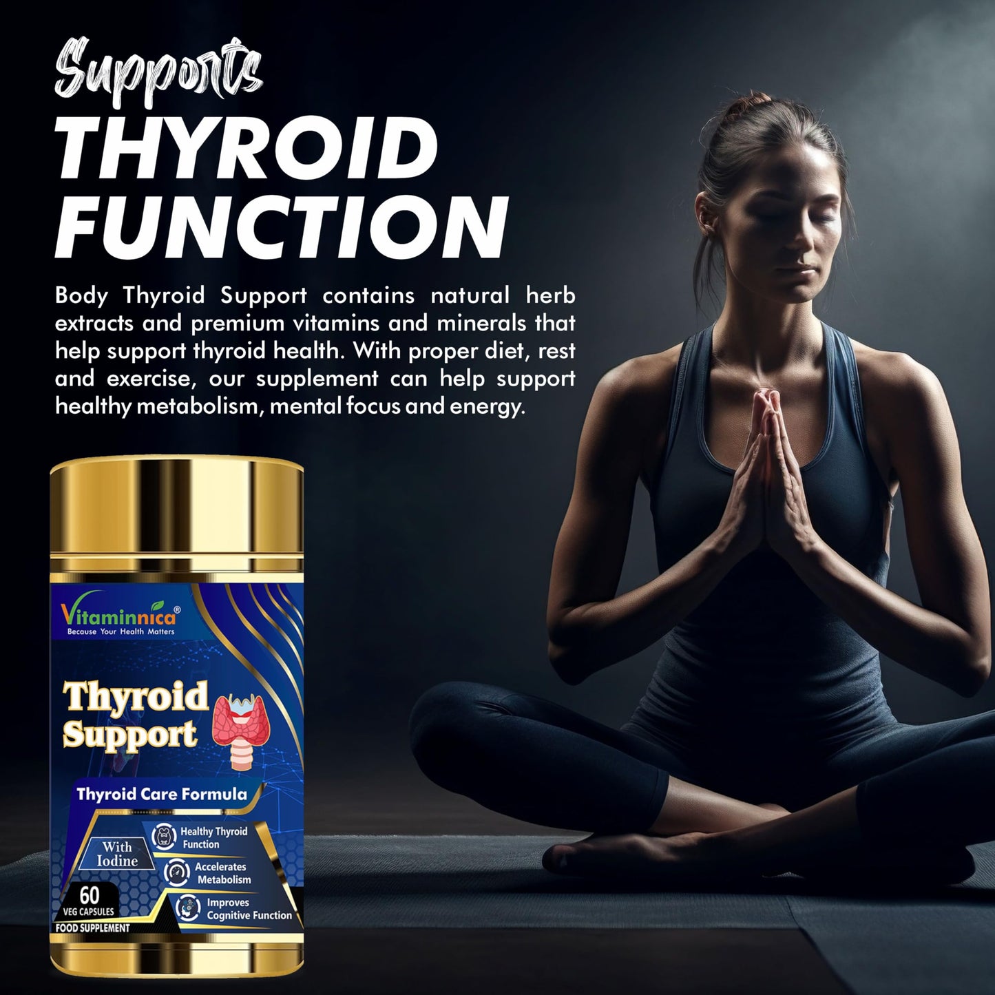 Vitaminnica Because your Health Matters Vitaminnica Thyroid Support - Supplement for Women and Men - Energy & Focus Formula - Vegetarian & Non-GMO - Iodine, Vitamin D3 Complex, Zinc, Selenium, Ashwagandha, Copper- 2 Months Supply
