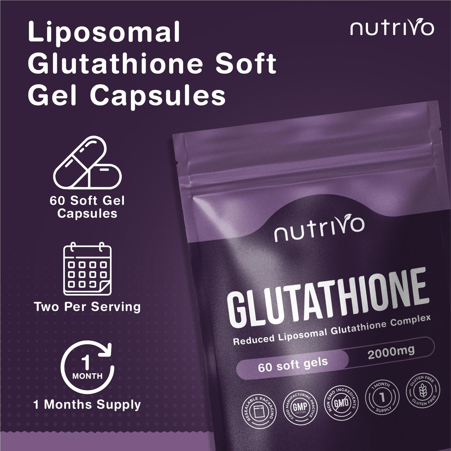 Nutrivo Liposomal Glutathione Supplement - 2000mg Complex Per Serving with Vitamin C, Collagen, Hyaluronic Acid & Phosphatidyl Choline | 60 Softgels - 1 Month Supply | Non-GMO & Third-Party Tested