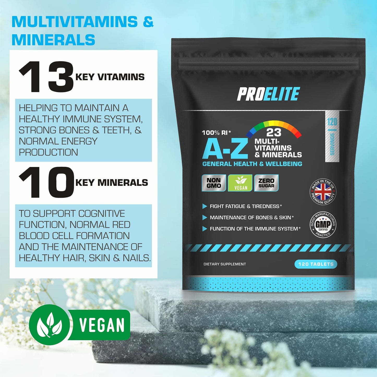 Multivitamins & Minerals - 120 Vegan Tablets - One a Day 100% RDA - 23 Essential Vitamins & Minerals in A-Z Multivitamin Tablet - Made in The UK by PROELITE