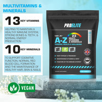 Multivitamins & Minerals - 120 Vegan Tablets - One a Day 100% RDA - 23 Essential Vitamins & Minerals in A-Z Multivitamin Tablet - Made in The UK by PROELITE