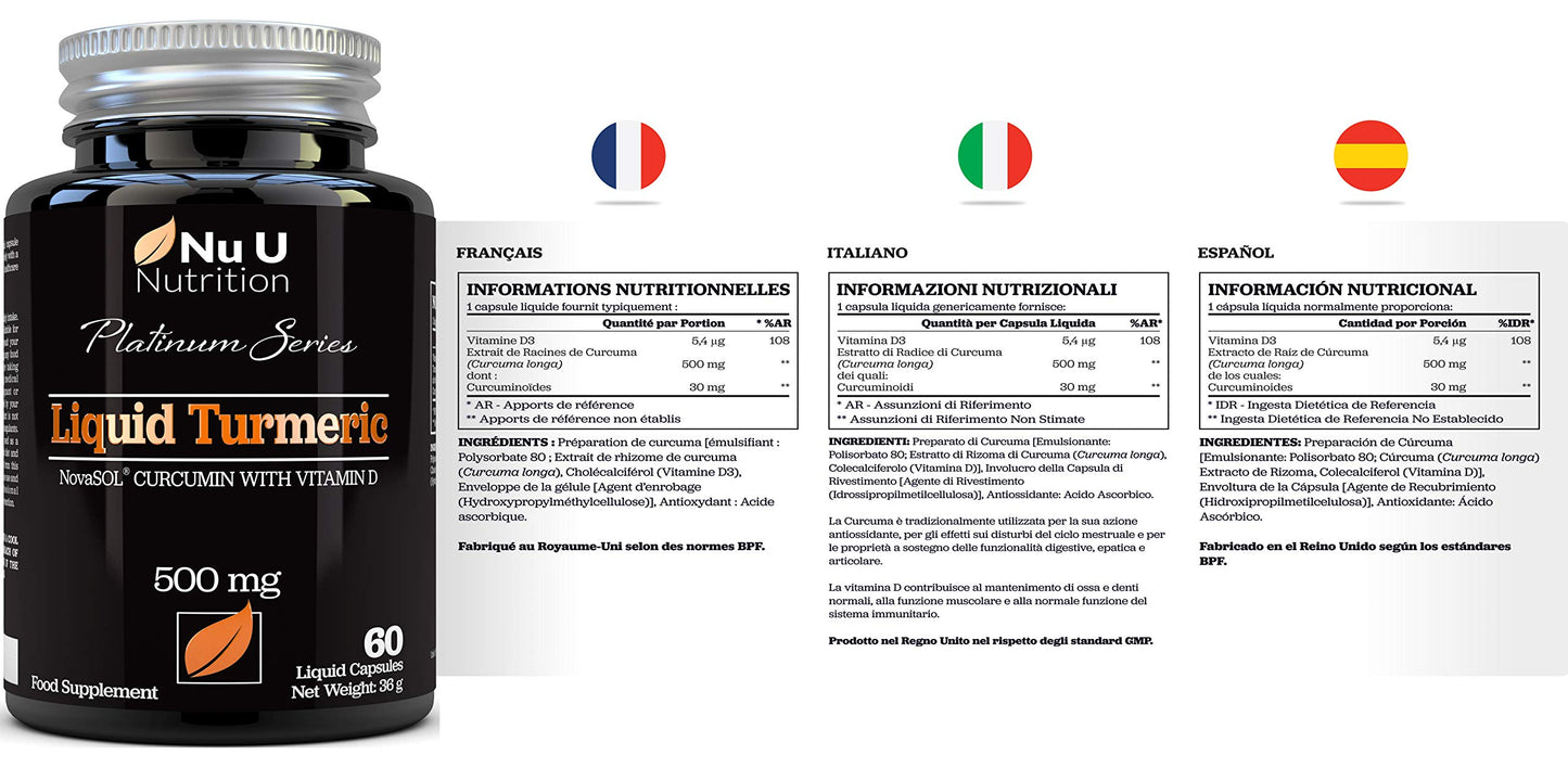 Nu U Nutrition Turmeric Curcumin Capsules (Liquid) with Vitamin D | 185 More Bioavailability NovaSOL® Curcumin | High Strength Vegetarian Premium Liquid Turmeric Curcumin not Tablets Made in The UK