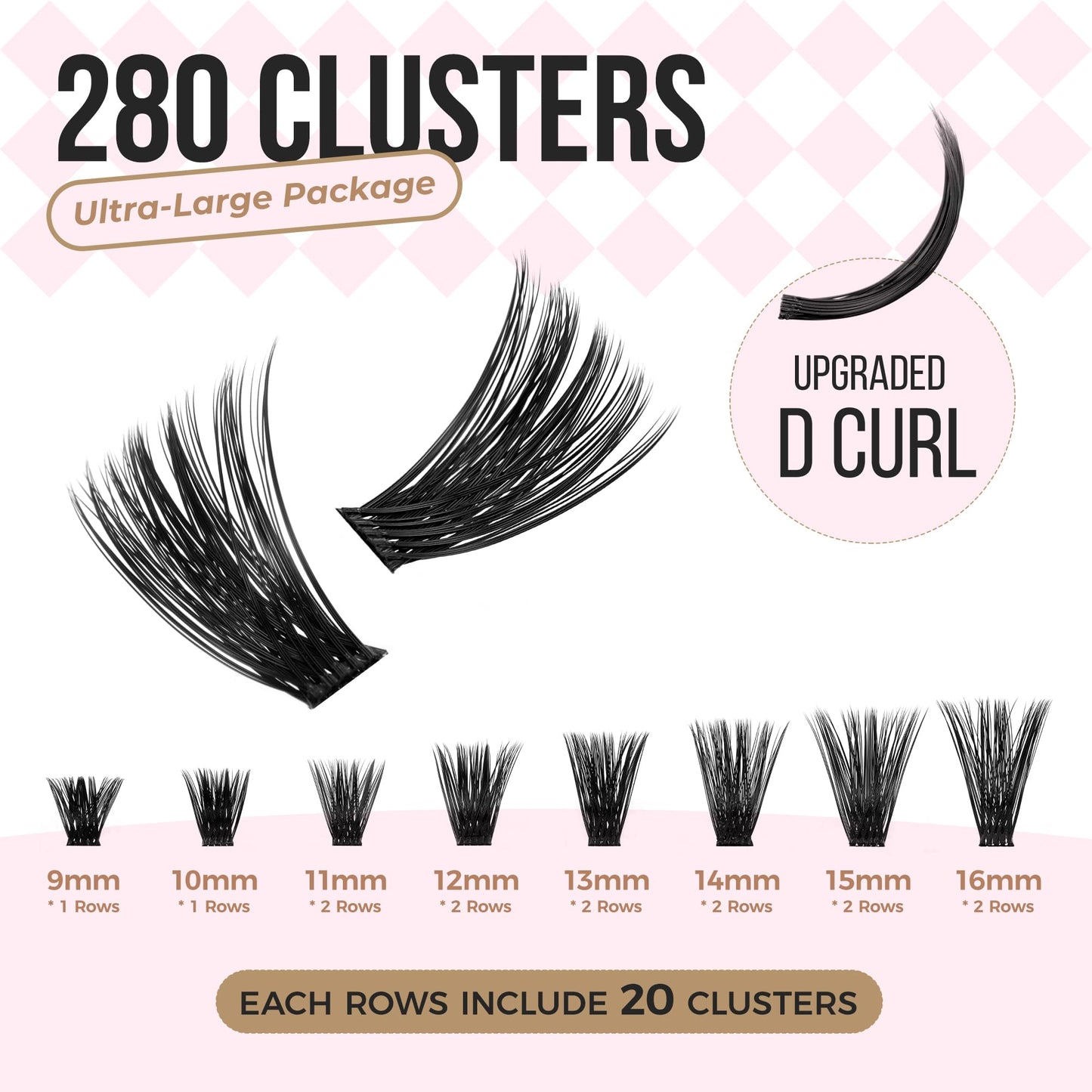 LASHVIEW Lash-Extension-Clusters 280pcs D Curl Lash Clusters Natural Look Cluster Lashes Extensions Super Thin Band & Soft Lashes Reusable 9-16mm MIX (100D)