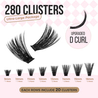LASHVIEW Lash-Extension-Clusters 280pcs D Curl Lash Clusters Natural Look Cluster Lashes Extensions Super Thin Band & Soft Lashes Reusable 9-16mm MIX (100D)