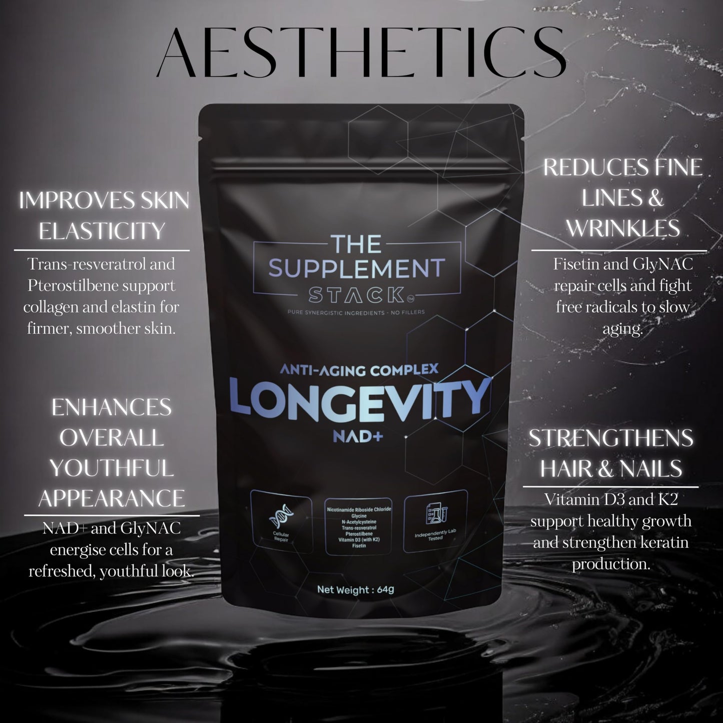 The Supplement Stack Longevity - Anti-Aging NAD+ Supplement with Nicotinamide Riboside, Glycine, NAC, Trans-Resveratrol, Pterostilbene, Fisetin & Vitamin D3/K2 for Cellular Health, Energy, and Vitality – Premium Formula