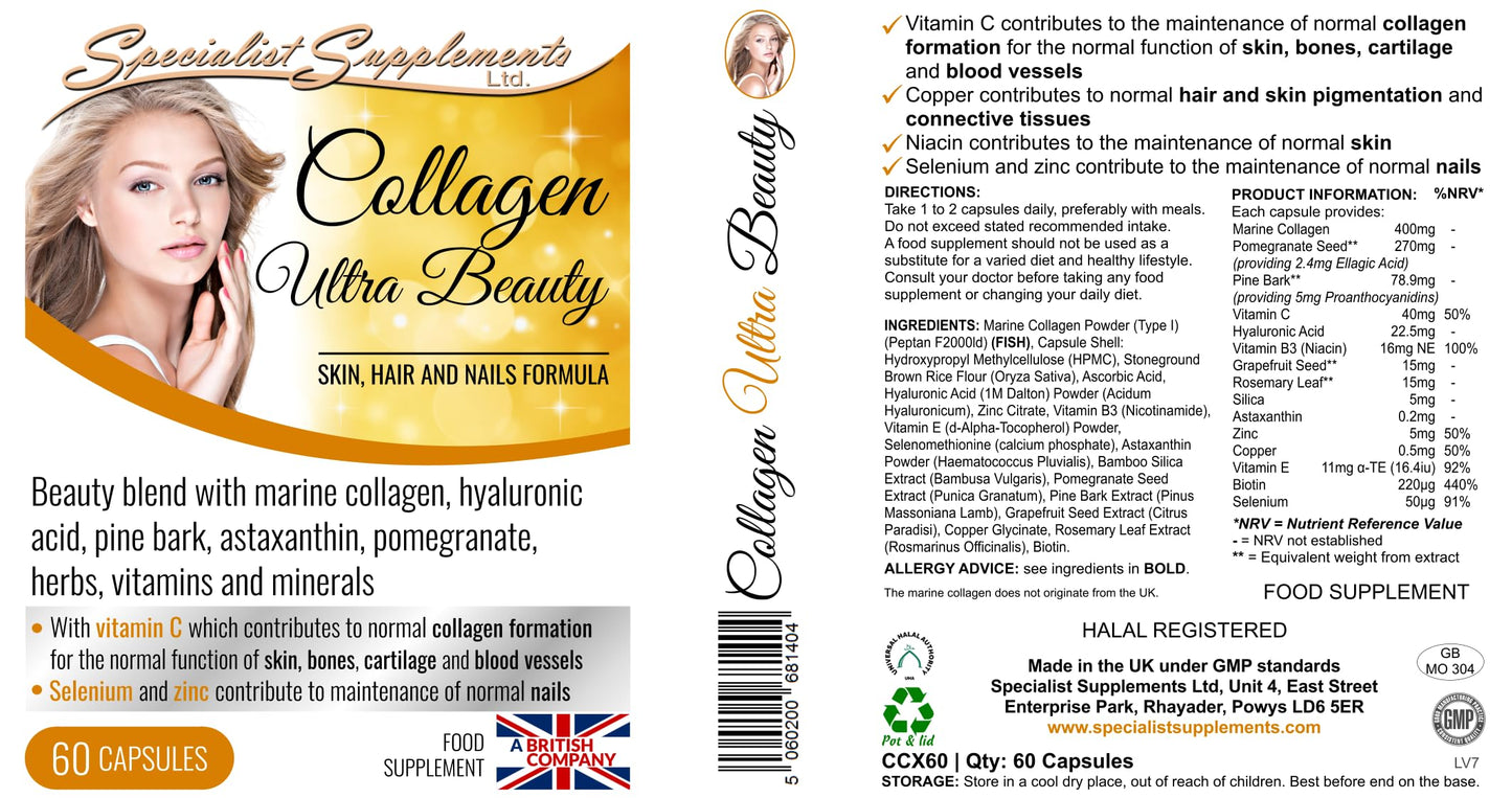 Specialist Supplements Collagen Ultra Beauty Marine Collagen, Herbal and Nutrient Complex, 60 Capsules
