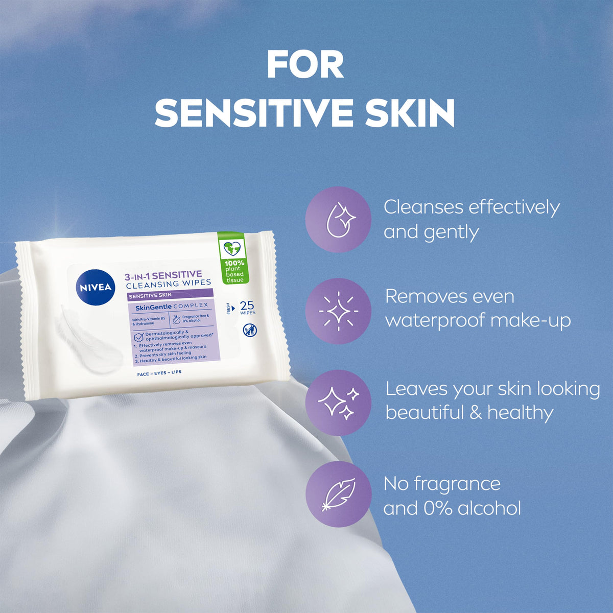 NIVEA 3in1 Sensitive Cleansing Wipes (25 Sheets), Plant-Based Makeup Remover Sheets, Face Wipes for Sensitive Skin, Gentle yet Effective Makeup Removal (Pack of 6)
