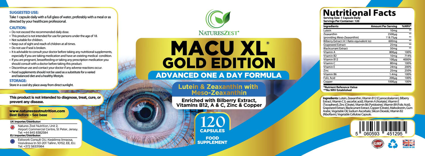 Natures Zest Macu XL Gold Edition - Eye Health Supplement with Lutein, Zeaxanthin and Meso-zeaxanthin, and Essential Vitamins & Minerals, 120 Capsules, 4 Month Supply - Supplement for Vision Health