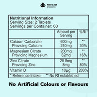 NEW LEAF PRODUCTS Calcium Magnesium Zinc and Vitamin D Supplement - 120 High Strength Tablets Supplement with Magnesium Vitamin D, Zinc Tablets Complex Made in The UK by New Leaf