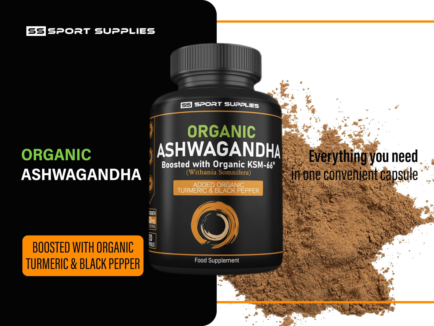 SS Sport Supplies Organic Ashwagandha Capsules 1200mg - Boosted with 1000mg of Organic KSM-66 with 5% Withanolides (from 100mg Extract Ratio 10:1) - Added Turmeric 100mg and Black Pepper - UK Manufactured
