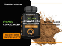 SS Sport Supplies Organic Ashwagandha Capsules 1200mg - Boosted with 1000mg of Organic KSM-66 with 5% Withanolides (from 100mg Extract Ratio 10:1) - Added Turmeric 100mg and Black Pepper - UK Manufactured