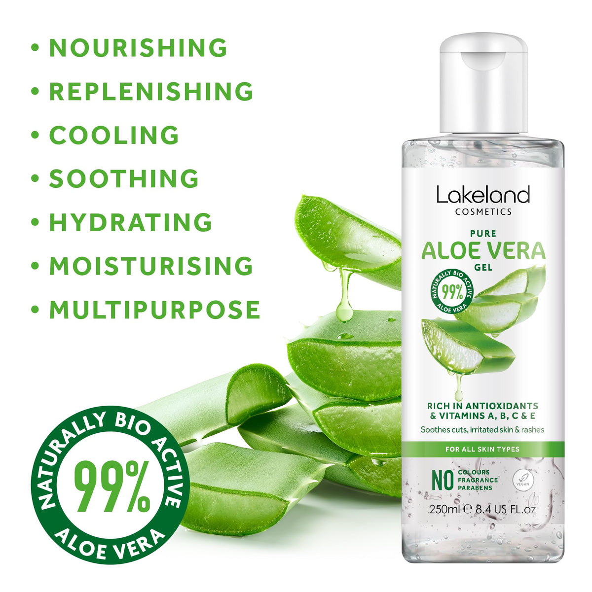 LAKELAND COSMETICS Lakeland Cosmetics Aloe Vera Gel 250ml contains 100% pure natural bio active aloe gel moisturiser, soothes cuts, irritated skin, burns & sunburn relief for face & body great aftersun lotion cream