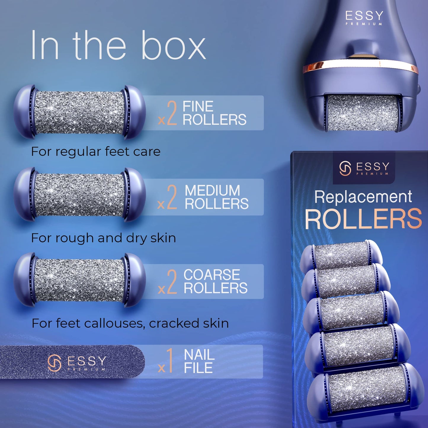 Essy Electric Foot File Pedicure Feet Hard Skin Remover Foot Scraper Dry Dead Skin Remover Callus Exfoliator Rechargeable Feet Scrubber with 5 Replacement Rollers Foot Care Skin Removers