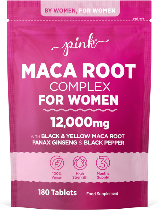Maca Root Capsules for Women 12,000mg | High Strength Black & Yellow Maca Root with Panax Ginseng and Black Pepper | Botanical Supplement to Support Women's Health | by PINK