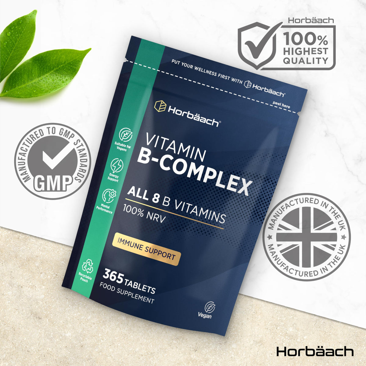 Horbäach Vitamin B Complex High Strength | 365 Tablets (1 Year Supply) | All 9 B Vitamins | Vitamin B1, B2, B3, B5, B6, B12, Choline, Folic Acid & Biotin | Vegan | by Horbaach