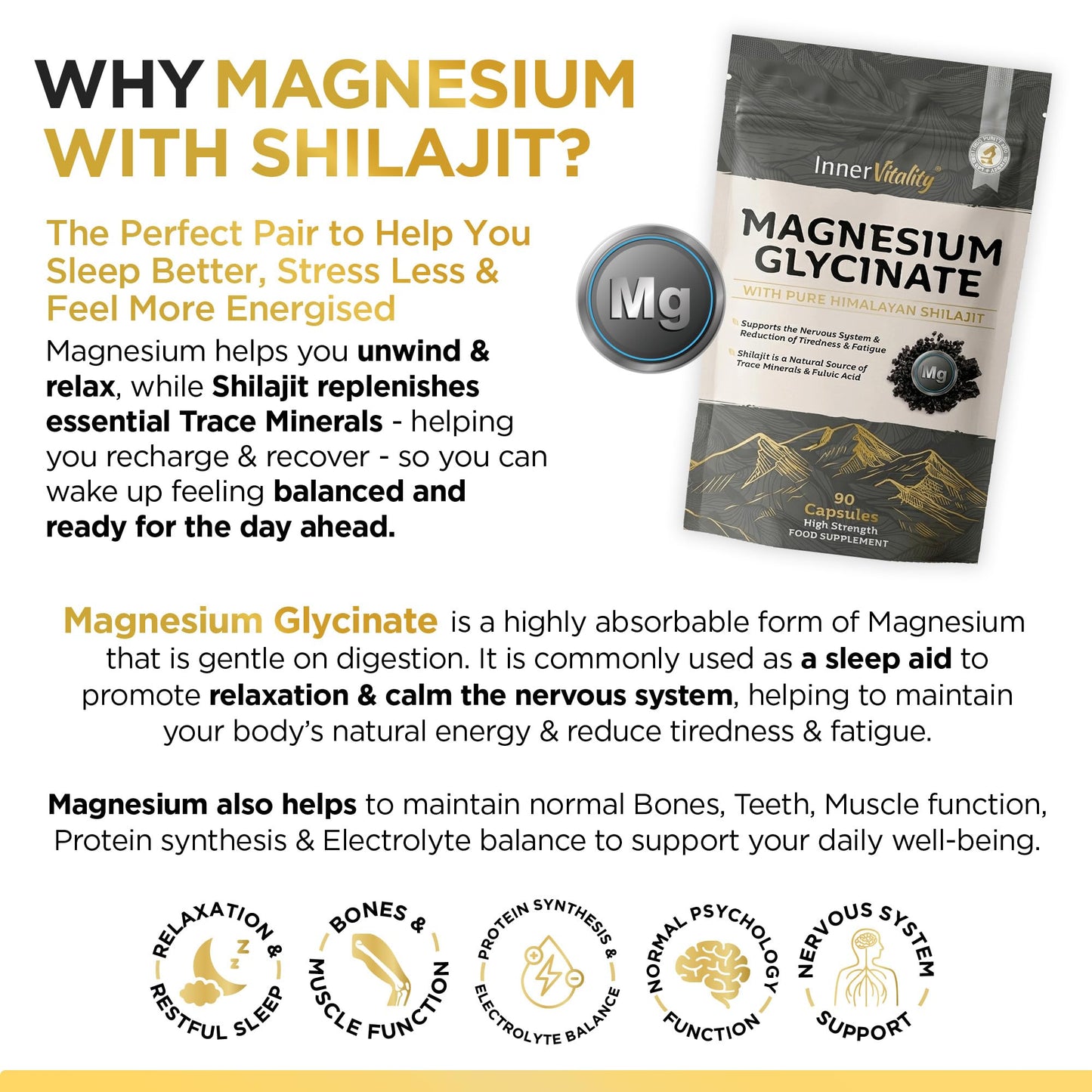Magnesium Glycinate 2-in-1 with Himalayan Shilajit Minerals for Sleep, Relaxation & Natural Energy, High Strength Supplement - 90 Capsules Fulvic Acid Mineral Support Made in UK by Inner Vitality