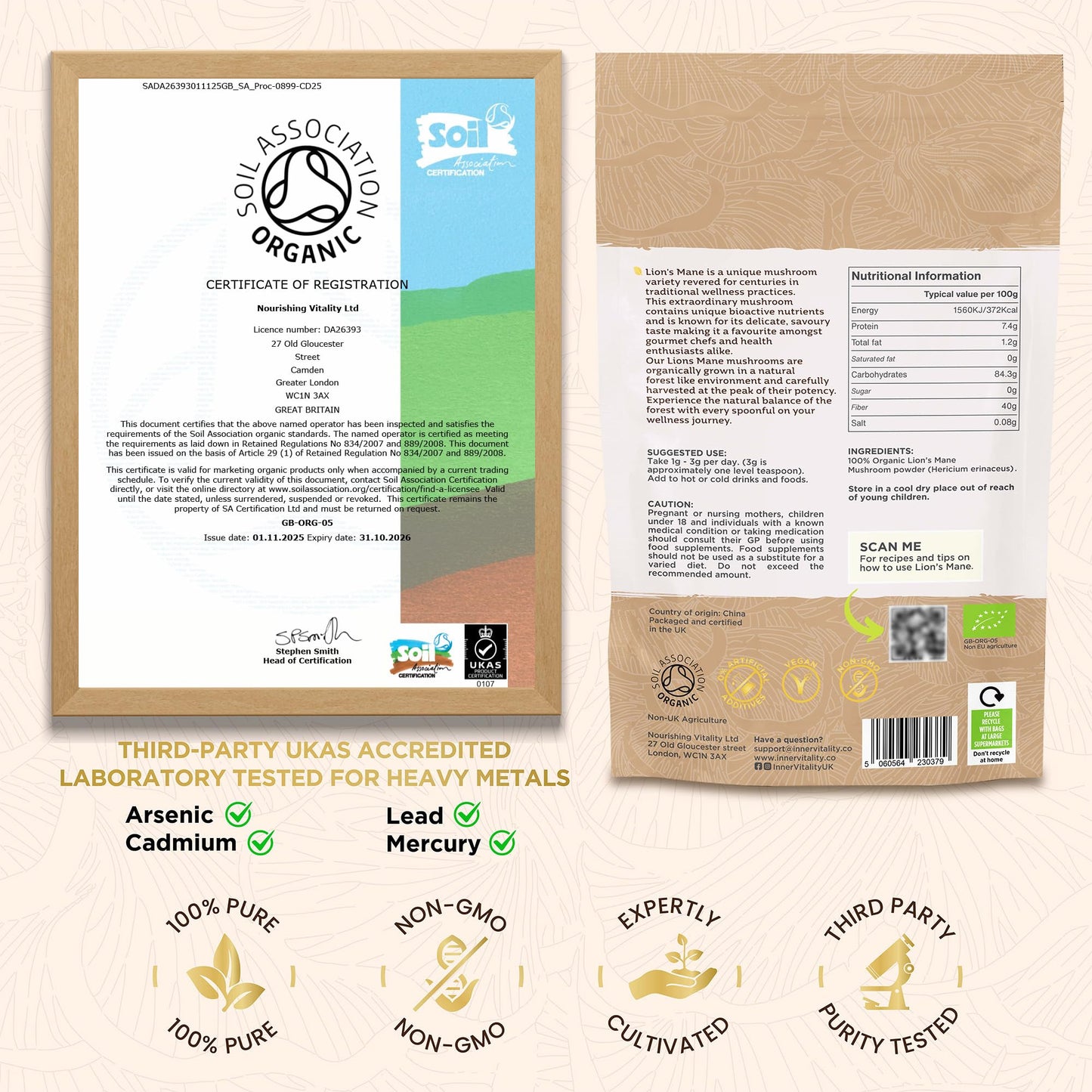Organic Lions Mane Mushroom Powder, Brain Support & Focus High Strength Full-Spectrum Supplement for Mental Performance - 100g by Inner Vitality