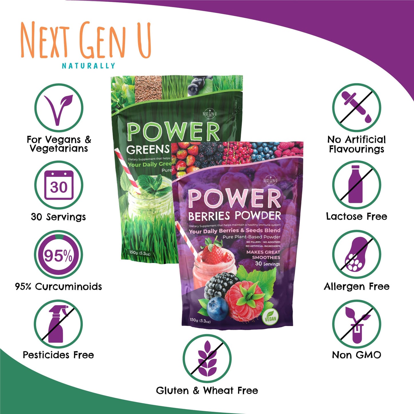 NGU Next Gen U Superfood Greens Powder & Berries Powder Dietary Supplements - for Immune Support - 150 g Pouches - Super Smoothie Mix for Juice & Shakes - Powdered Acai & Flaxseed Blends for Health - by NextGenU
