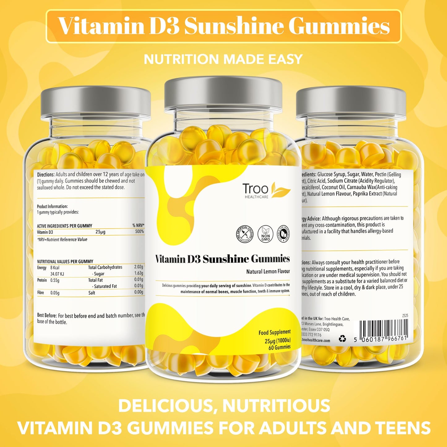 Troo Health Care Vitamin D3 Gummies (1000iu) - Natural Lemon Flavoured - 60 Count for Teens & Adults - 5 Month Supply - Non-GMO, Supports Immune Function, Bone & Teeth Health