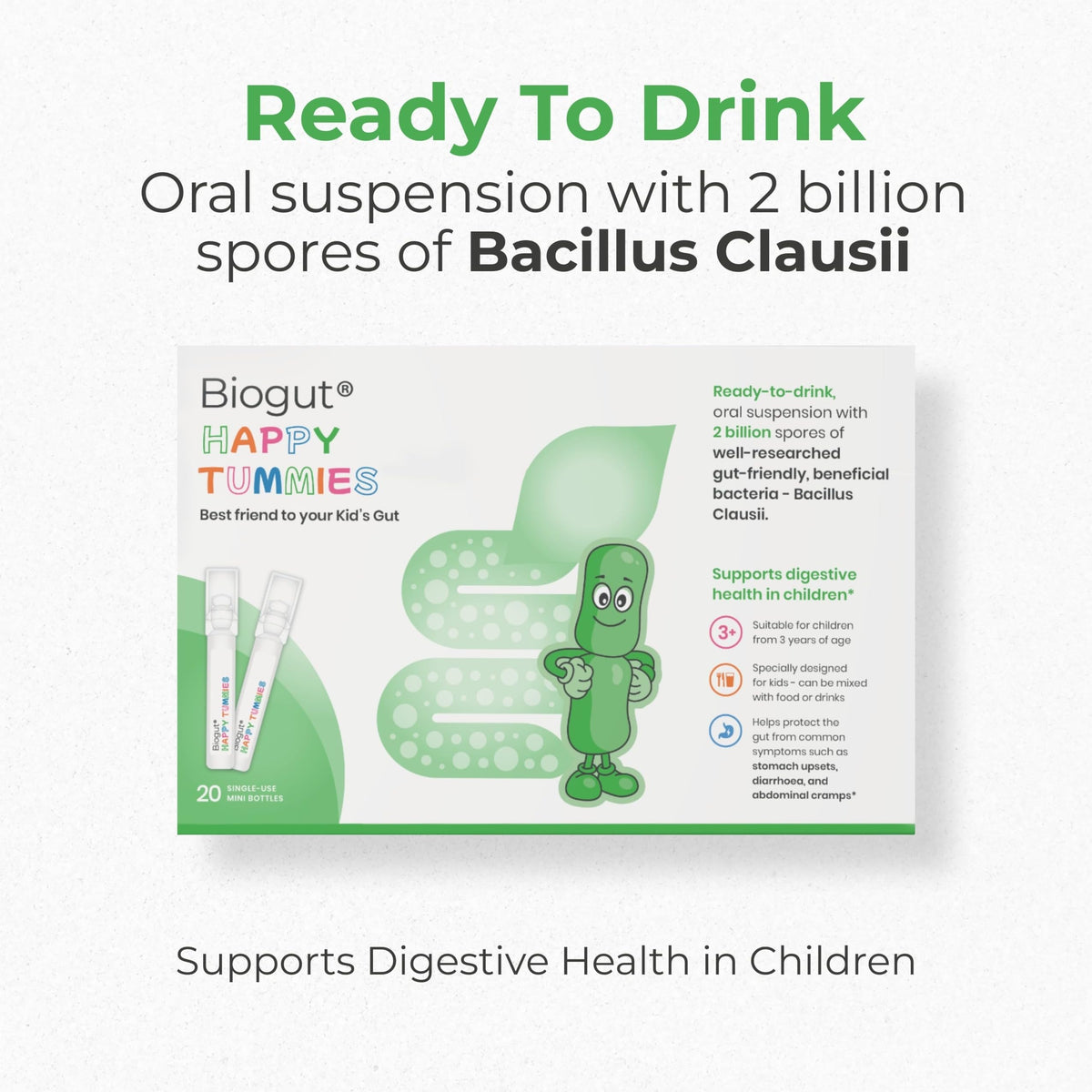 BIOGUT Biogut Happy Tummies | Kids Supplement Drink |Bacillus Clausii | Helps with Stomach Upset, Diarrhoea & Cramps | Mix with Food or Drinks for Fussy Eaters | 20 Ready-to-Drink Vials
