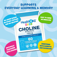 Health4All Kids Choline 150mg 60 Chewable Tablets for Children 3+, Supports Memory, Learning and Mood, Natural Vegan Orange Flavour, Sugar-Free | Made in UK (Not Gummies)